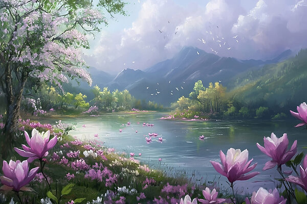 Rivier met bloemen en bergen op de achtergrond s41629p 600x400 - Rivier met bloemen en bergen op de achtergrond