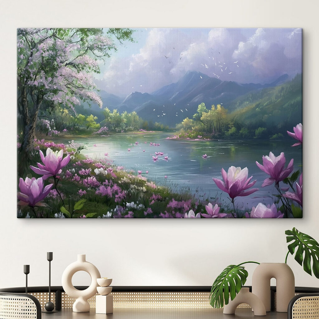 Rivier met bloemen en bergen op de achtergrond s41629pig115m 1024x1024 - Rivier met bloemen en bergen op de achtergrond
