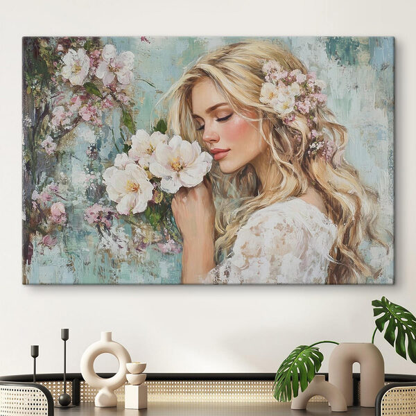 Schilderij van een vrouw die bloemen ruikt Schilderij van een vrouw die bloemen ruikt