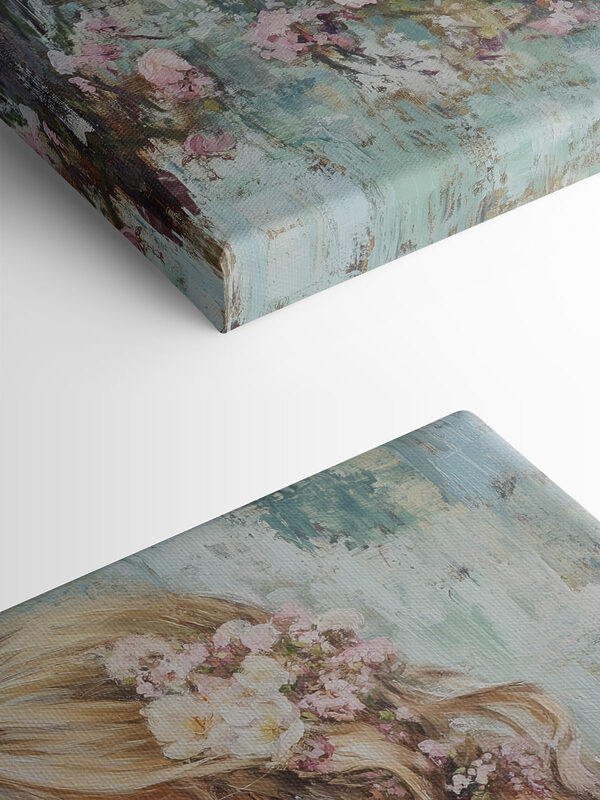 Schilderij van een vrouw die bloemen ruikt Schilderij van een vrouw die bloemen ruikt