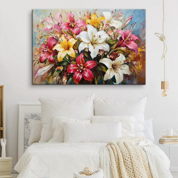 Schilderij van bloemen op een blauwe achtergrond Canvas Schilderijen Schilderij van bloemen op een blauwe achtergrond