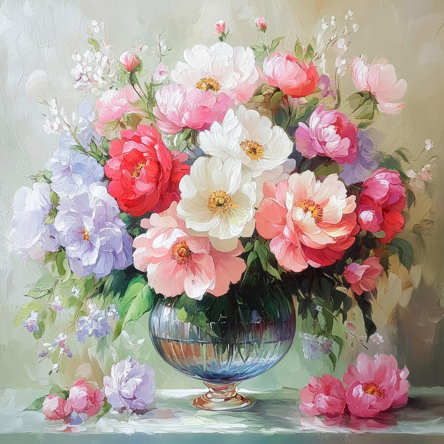 Schilderij van bloemen in een vaas