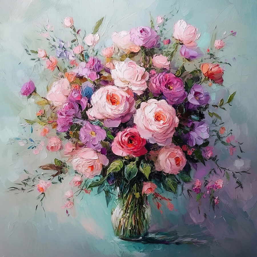 Schilderij van bloemen in een vaas