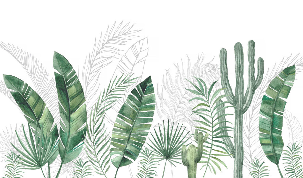 Groep groene bladeren en cactussen Groep groene bladeren en cactussen