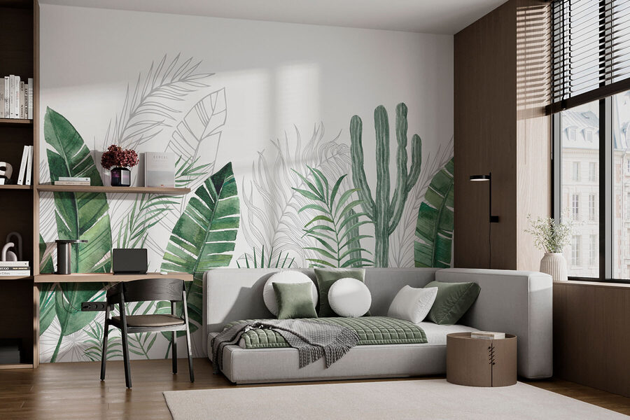 Groep groene bladeren en cactussen