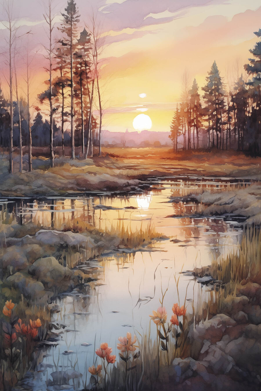 Aquarel van een rivier met bomen en een zonsondergang Aquarel van een rivier met bomen en een zonsondergang