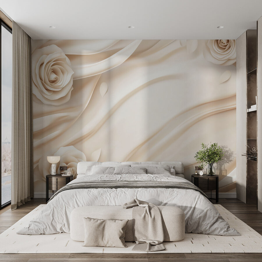 Fotobehang Witte rozen op een witte doek - Afbeelding 2