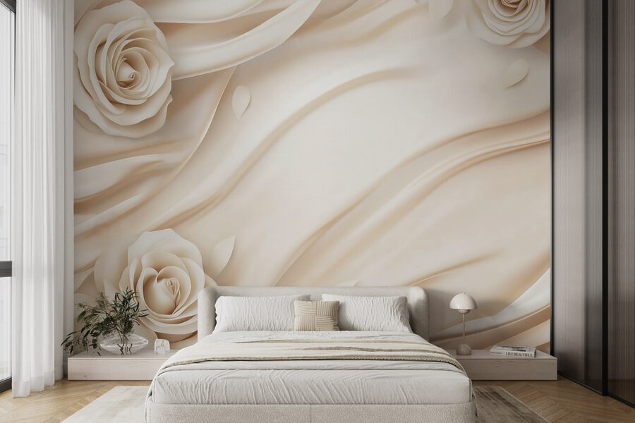 Fotobehang Witte rozen op een witte doek - Afbeelding 3