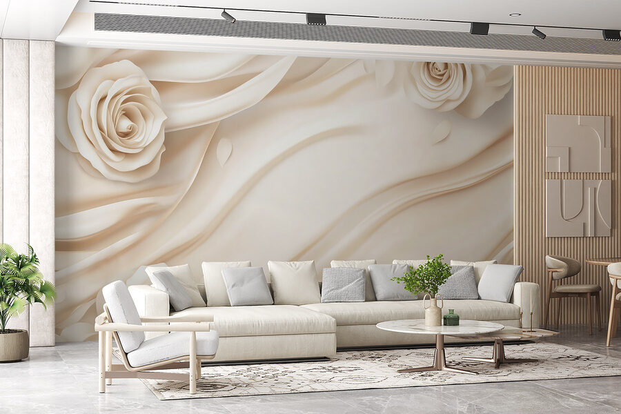 Fotobehang Witte rozen op een witte doek - Afbeelding 4