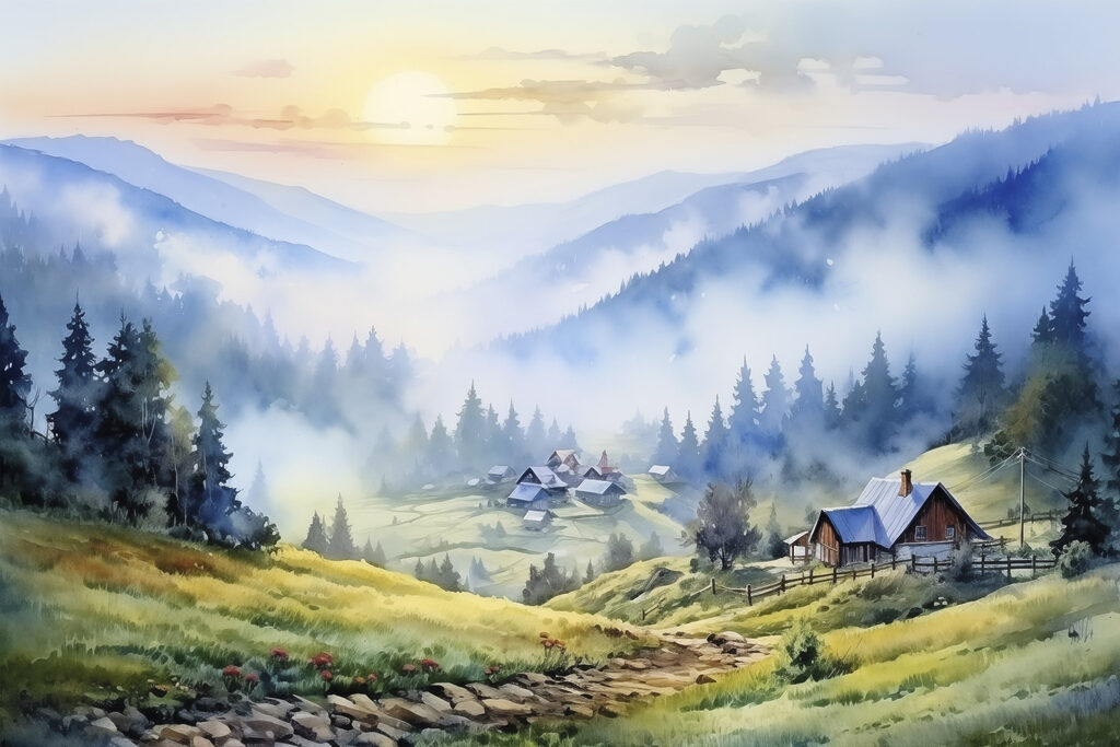 Painting of a village in the mountains