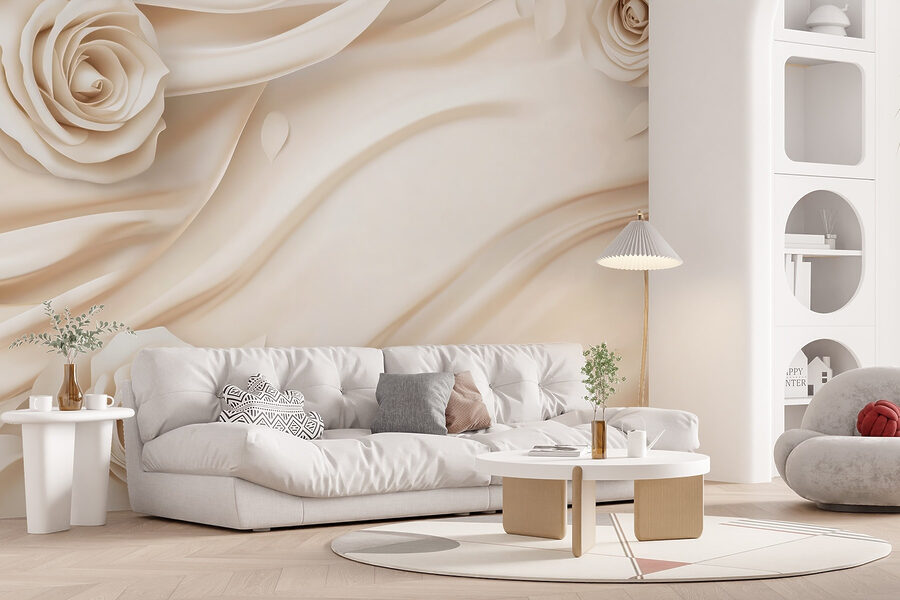 Fotobehang Witte rozen op een witte doek - Afbeelding 5