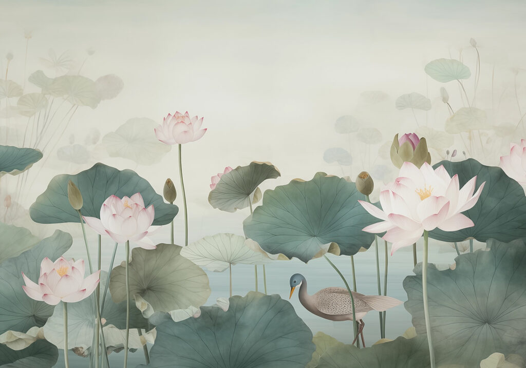 Eend in een vijver met lotusbloemen Eend in een vijver met lotusbloemen
