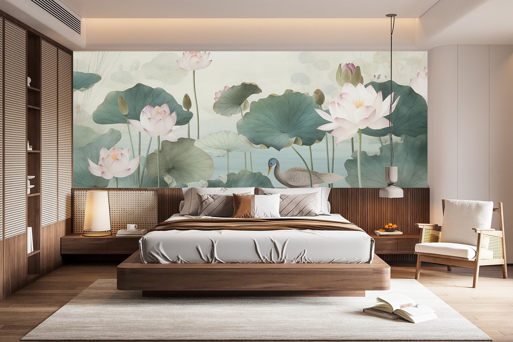 Duck in a pond with lotus flowers Duck in a pond with lotus flowers