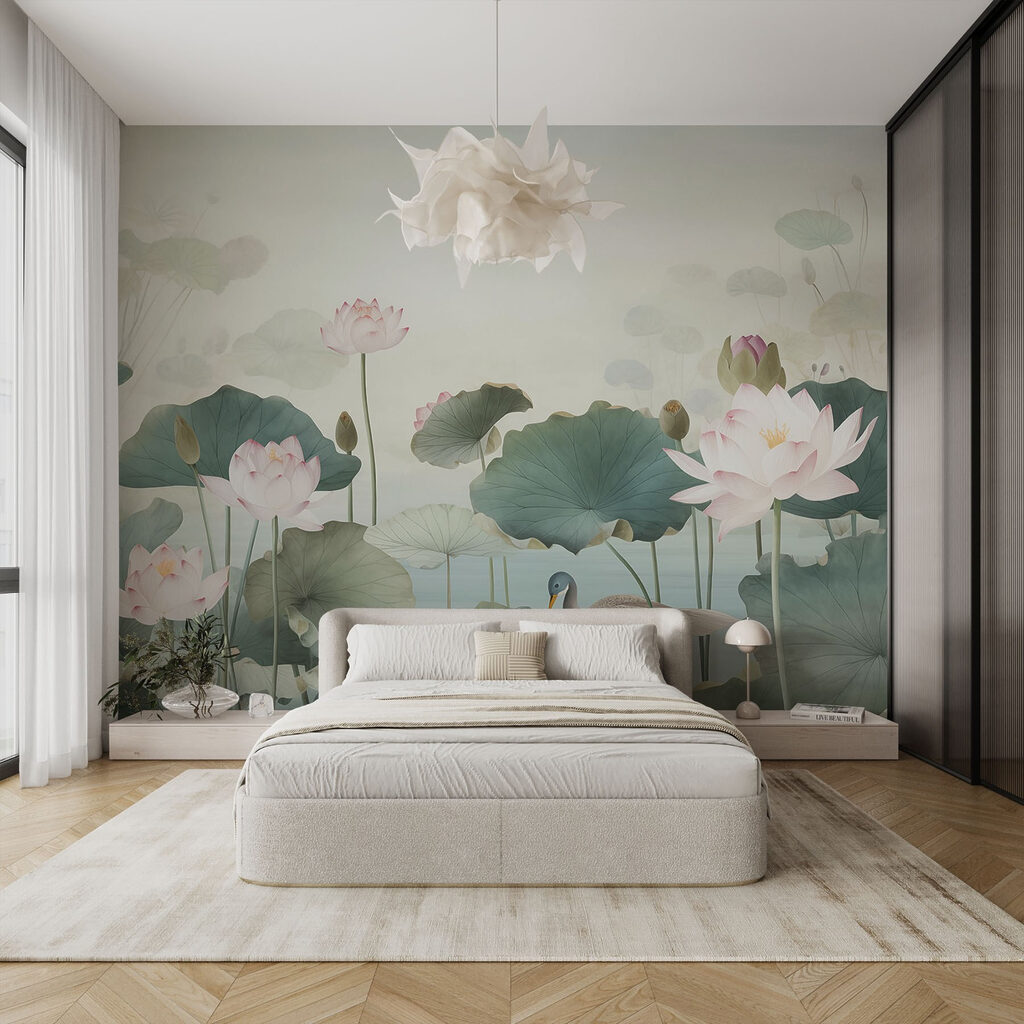 Duck in a pond with lotus flowers Duck in a pond with lotus flowers