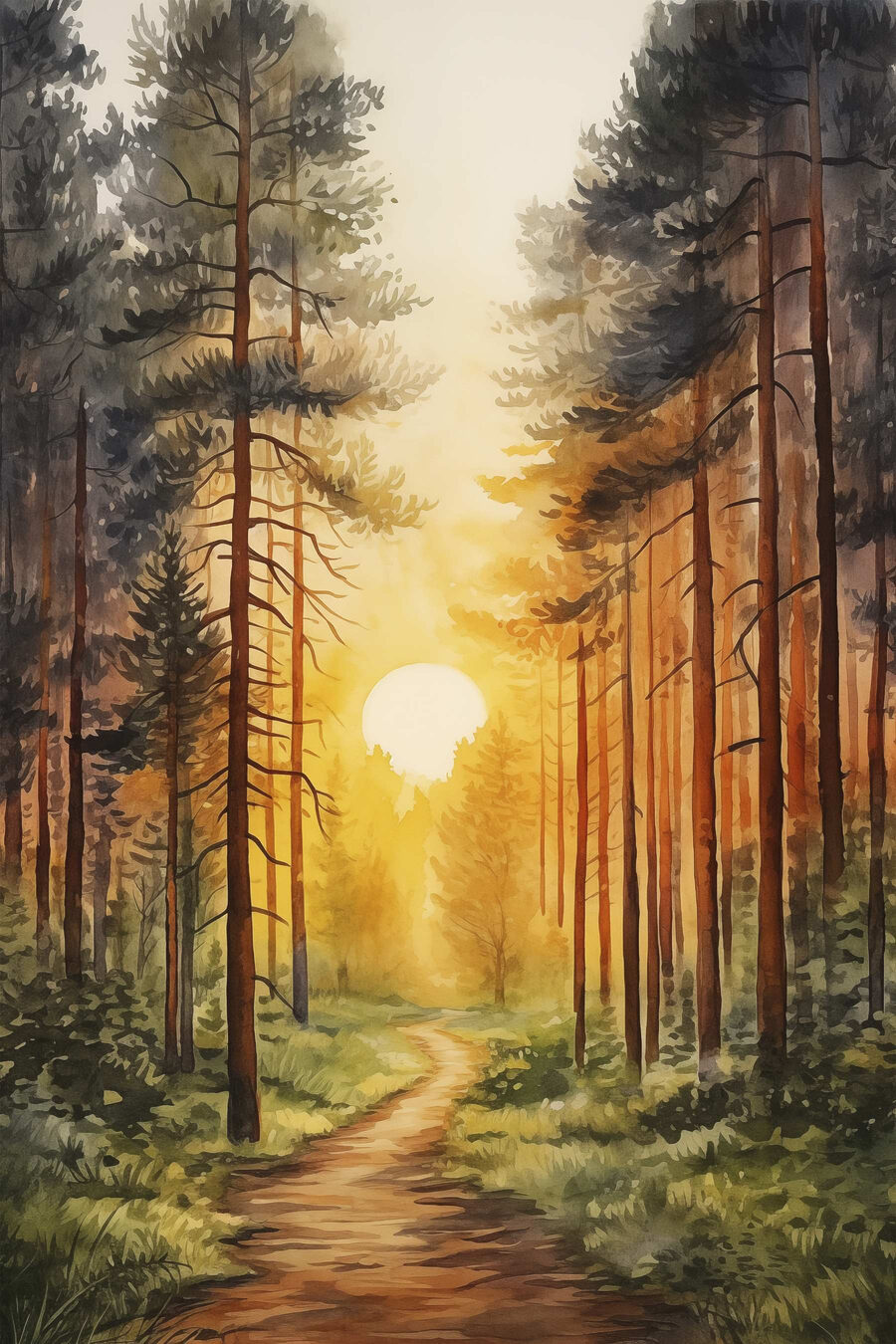 Schilderij van een bos met een pad en bomen Schilderij van een bos met een pad en bomen