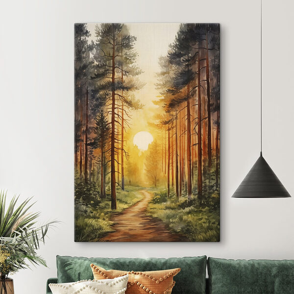Schilderij van een bos met een pad en bomen Schilderij van een bos met een pad en bomen