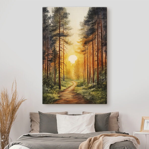 Schilderij van een bos met een pad en bomen Schilderij van een bos met een pad en bomen