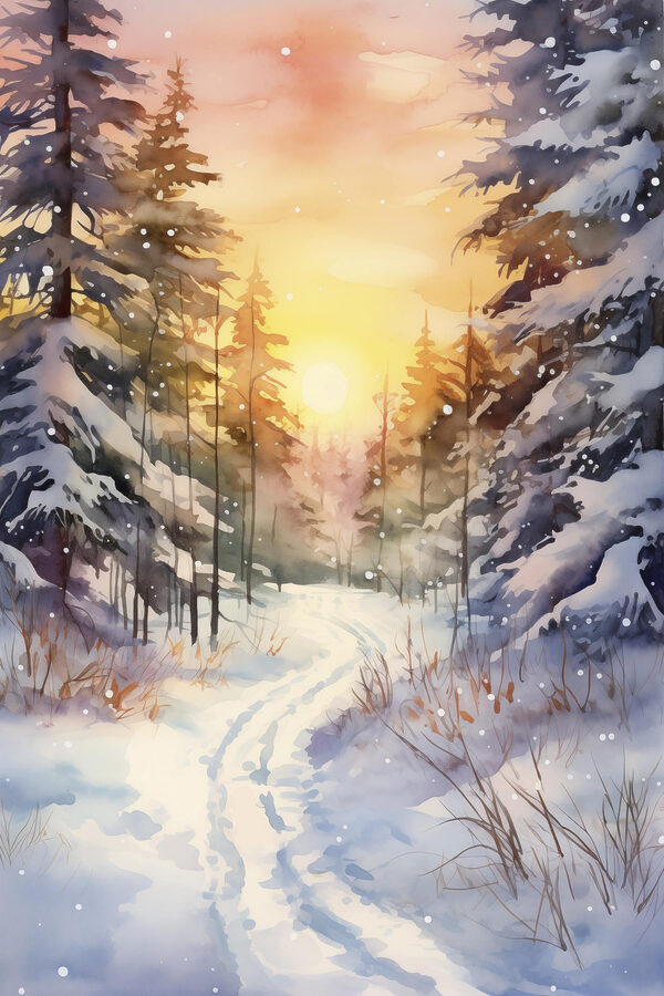 Aquarel van een besneeuwd bos Aquarel van een besneeuwd bos