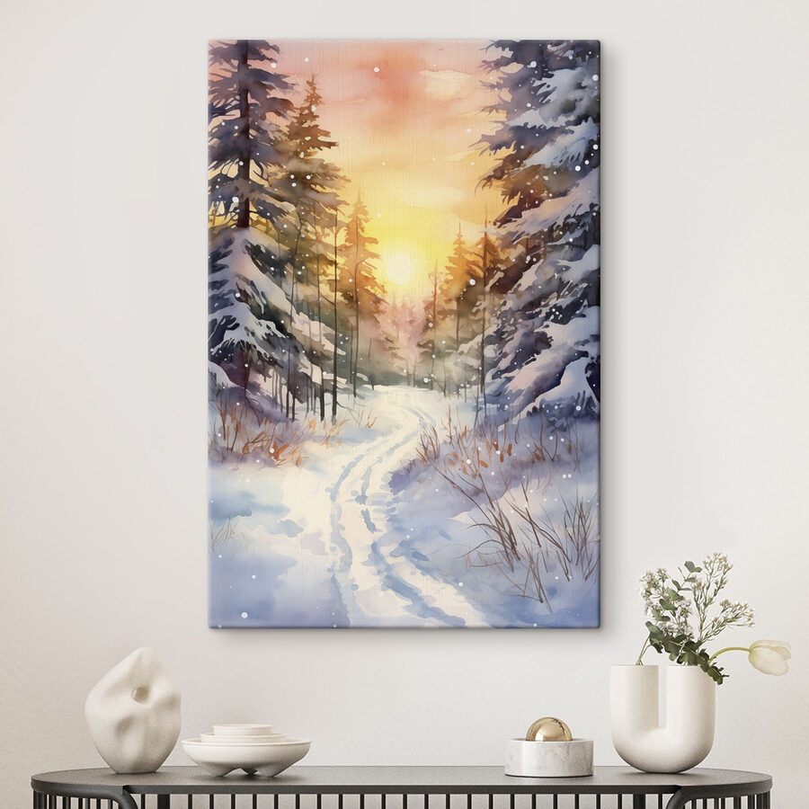 Aquarel van een besneeuwd bos