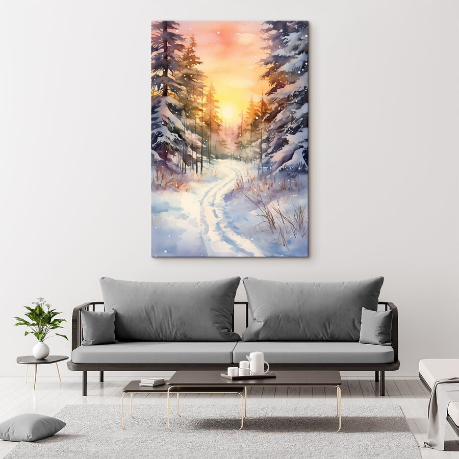Aquarel van een besneeuwd bos