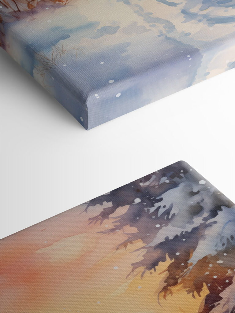 Watercolor painting of a snowy forest