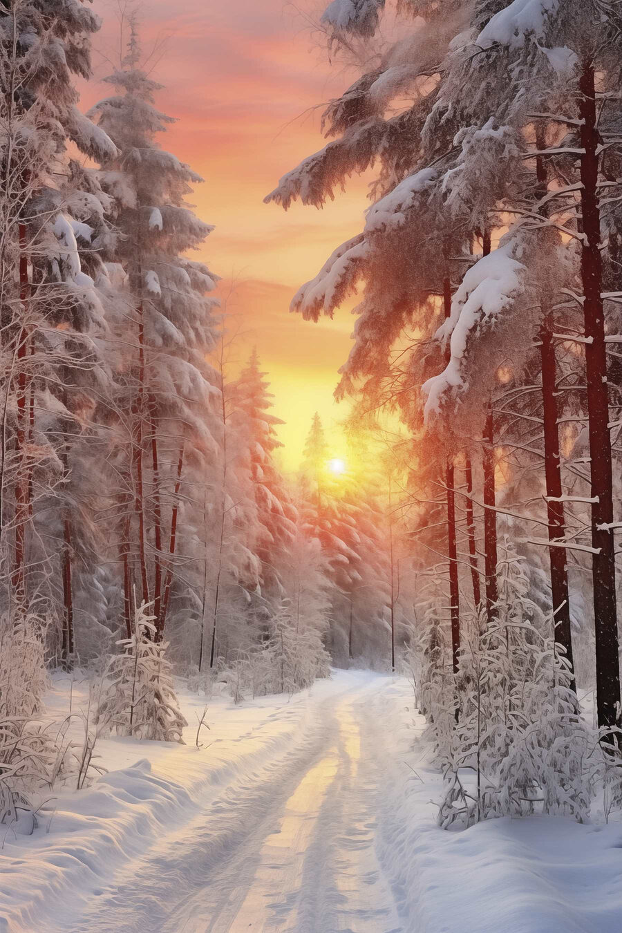 Besneeuwde weg in een bos