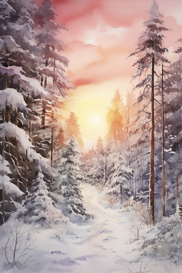Aquarel van een besneeuwd bos Aquarel van een besneeuwd bos