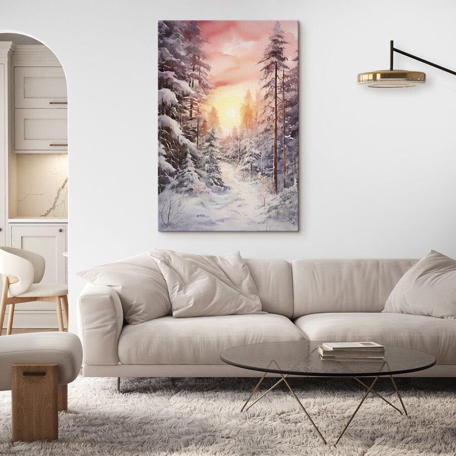 Aquarel van een besneeuwd bos