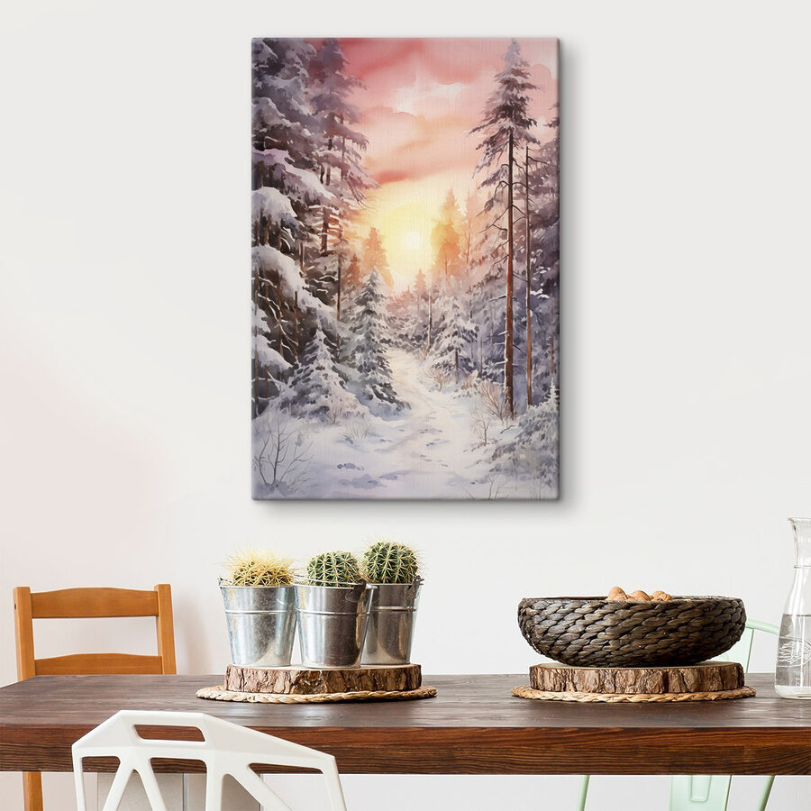 Aquarel van een besneeuwd bos