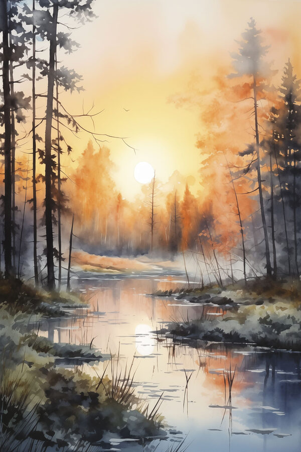 Aquarel van een rivier met bomen en planten Aquarel van een rivier met bomen en planten