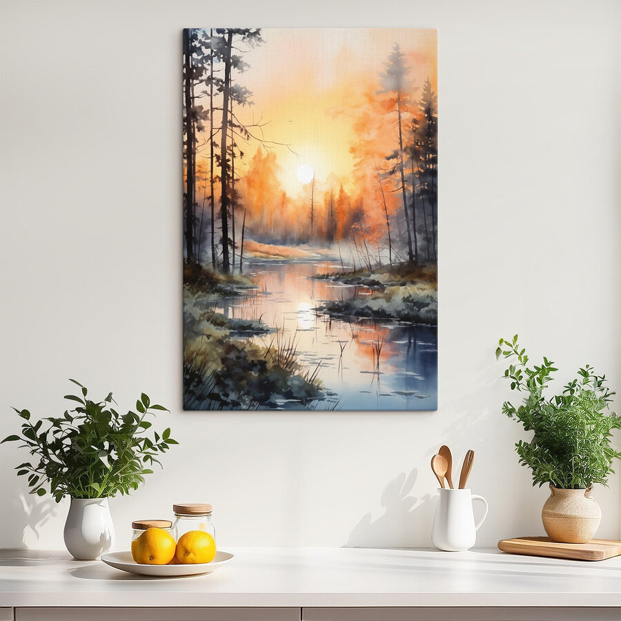 Aquarel van een rivier met bomen en planten