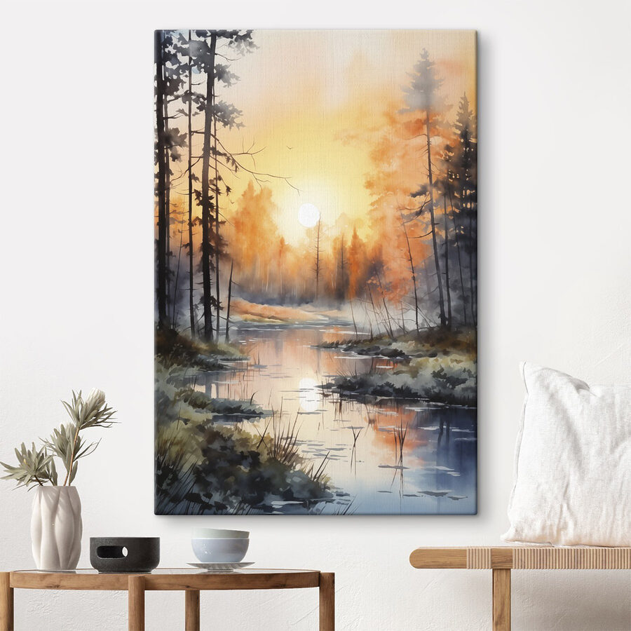 Aquarel van een rivier met bomen en planten