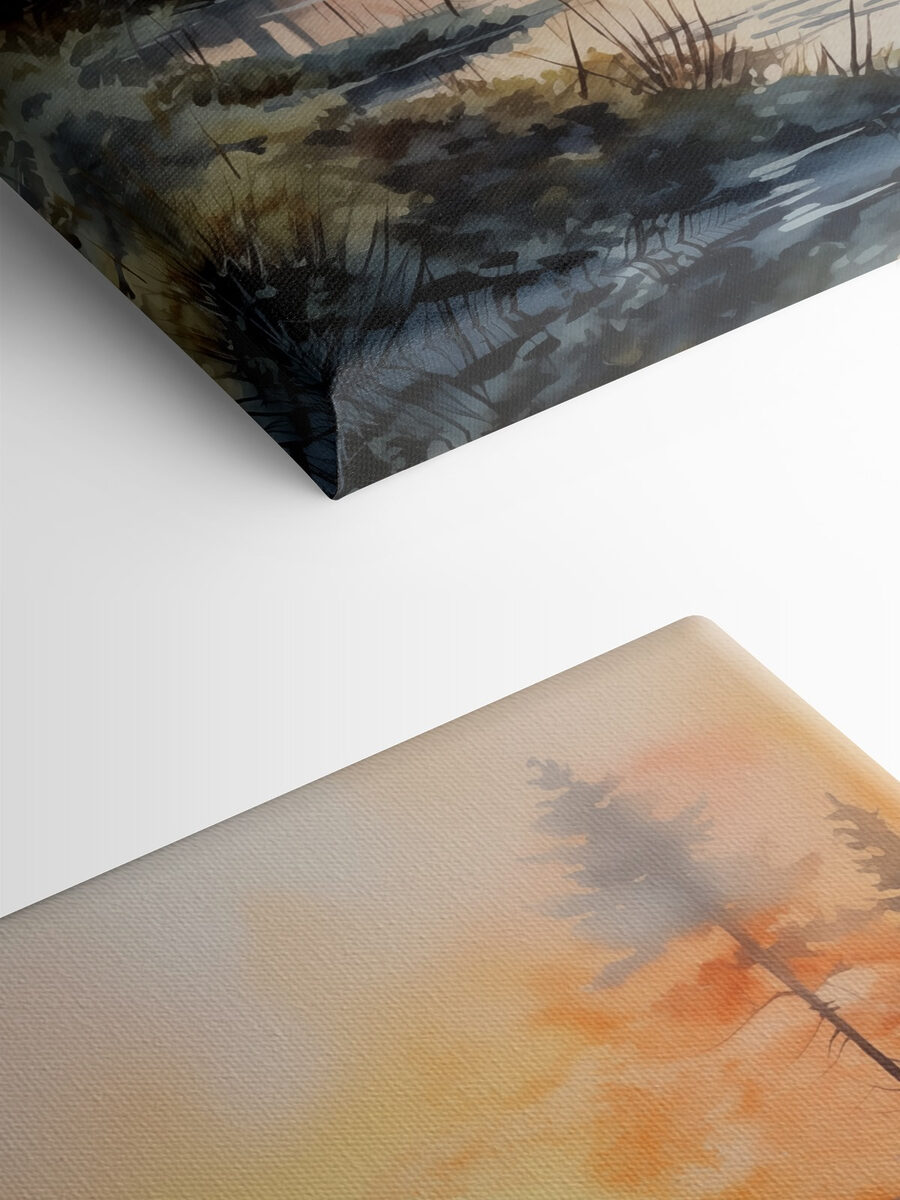 Aquarel van een rivier met bomen en planten