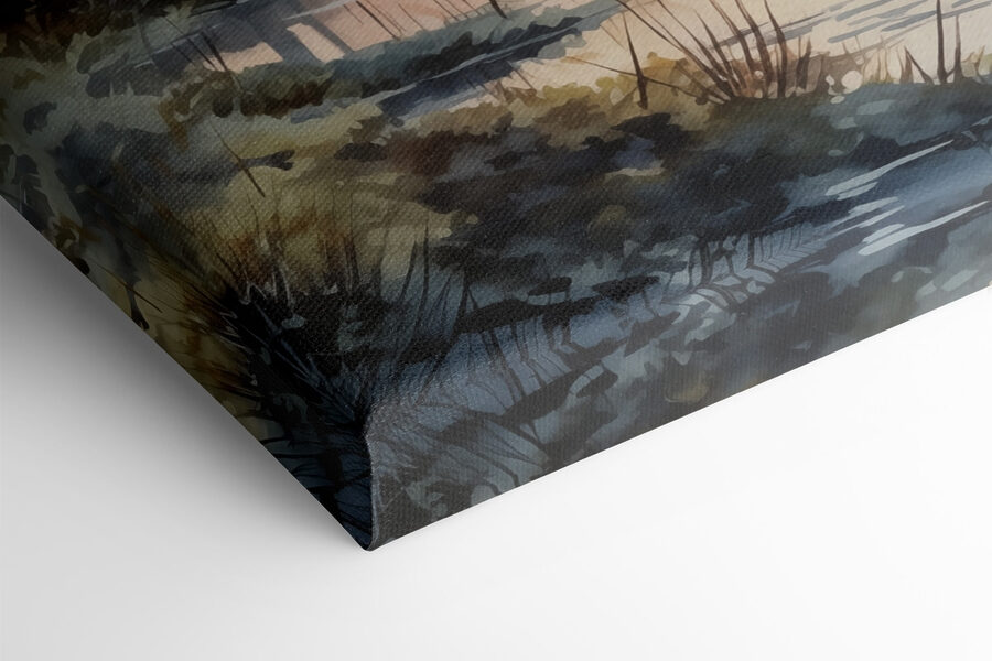 Aquarel van een rivier met bomen en planten