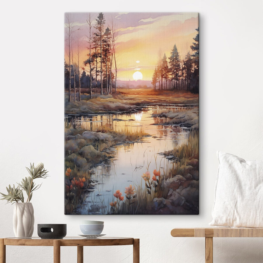 Aquarel van een rivier met bomen en een zonsondergang Aquarel van een rivier met bomen en een zonsondergang