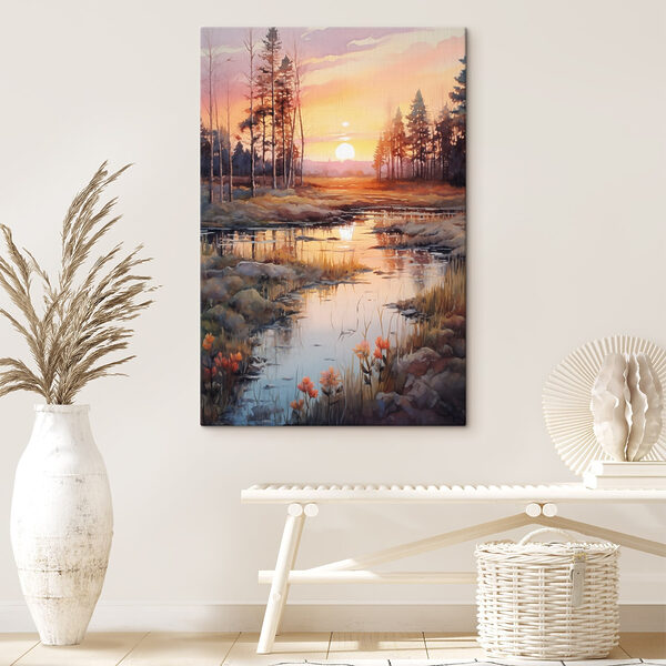 Aquarel van een rivier met bomen en een zonsondergang Aquarel van een rivier met bomen en een zonsondergang