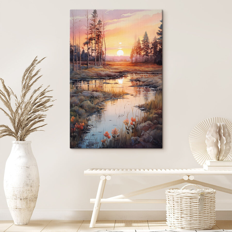 Aquarel van een rivier met bomen en een zonsondergang Aquarel van een rivier met bomen en een zonsondergang