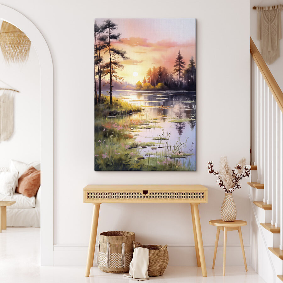 Aquarel van een meer met bomen en gras
