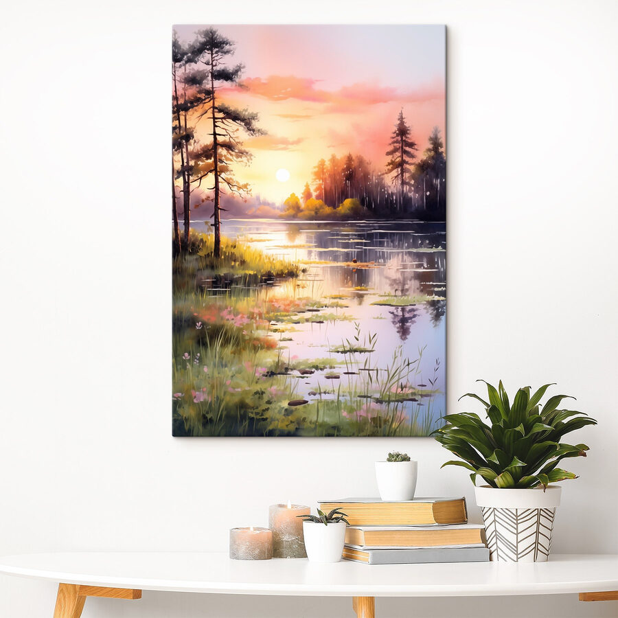 Aquarel van een meer met bomen en gras