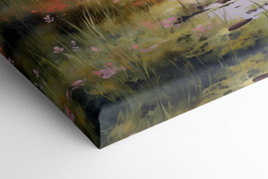 Aquarel van een meer met bomen en gras