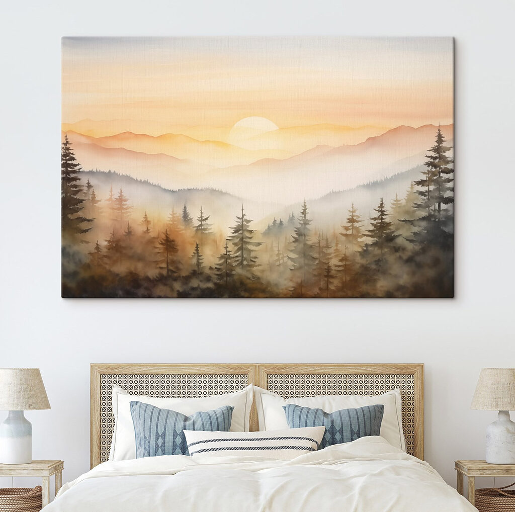 Watercolor painting of a forest and mountains