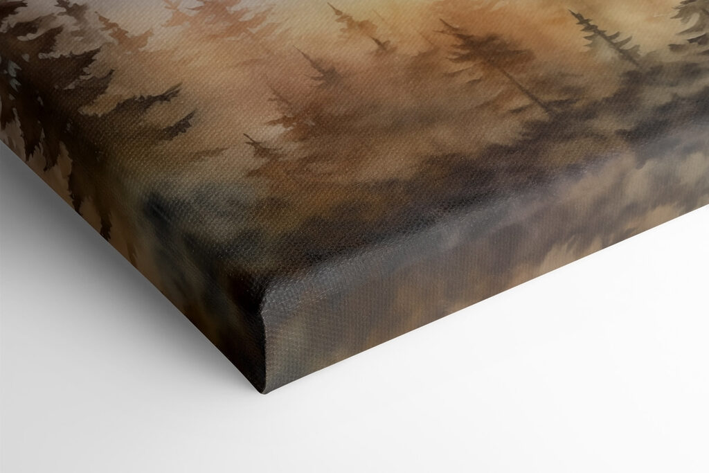 Watercolor painting of a forest and mountains