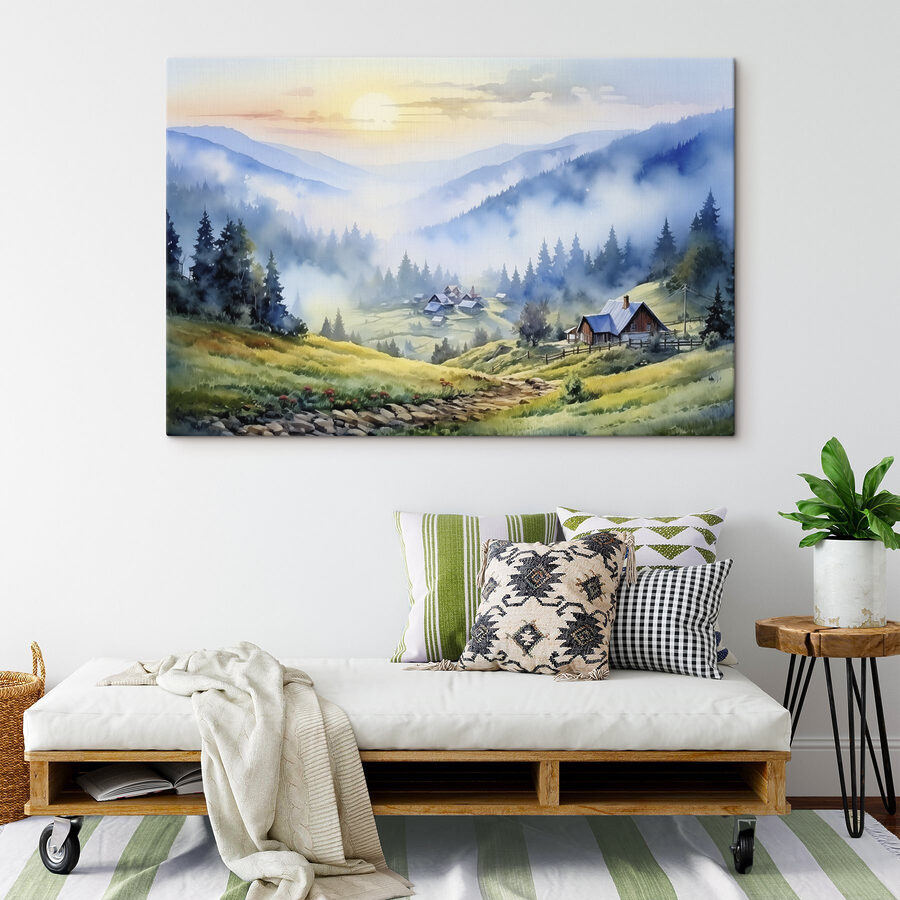 Schilderij van een dorp in de bergen