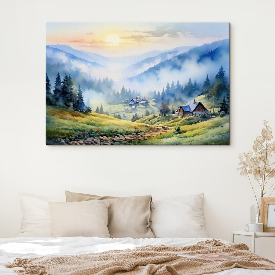 Schilderij van een dorp in de bergen