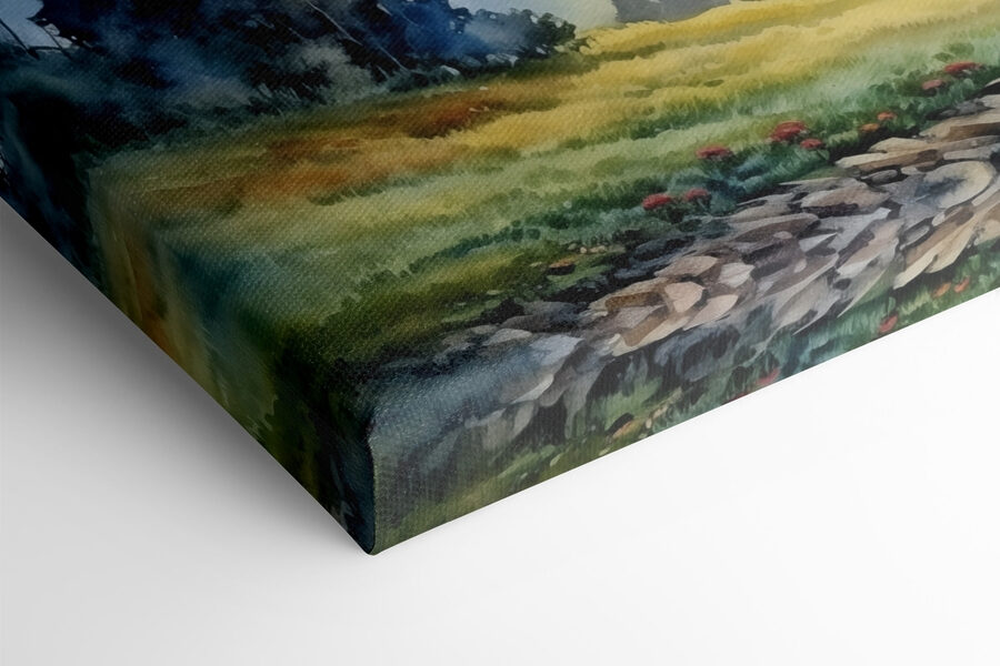 Schilderij van een dorp in de bergen