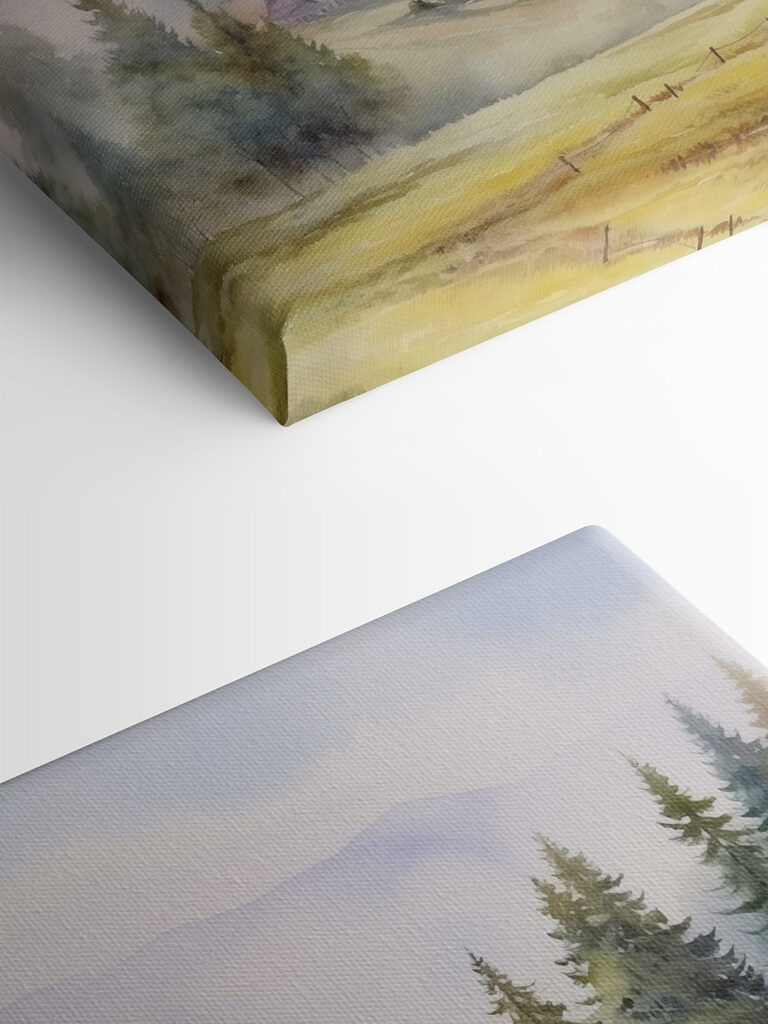 Watercolor painting of a village in the mountains