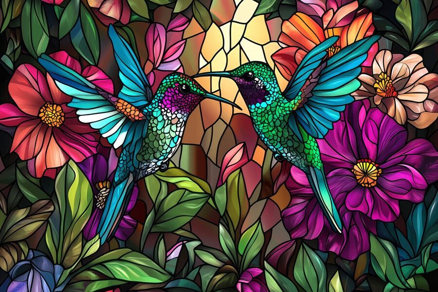 Glas-in-loodraam met kleurrijke vogels