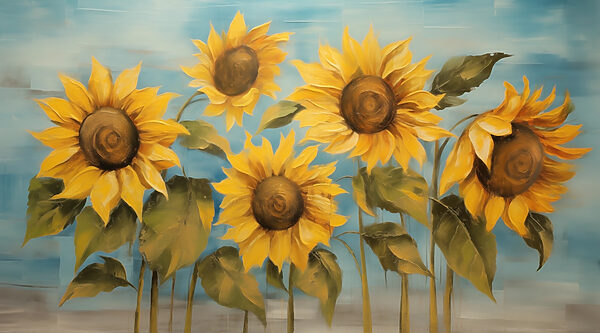 Schilderij van zonnebloemen op een muur Schilderij van zonnebloemen op een muur