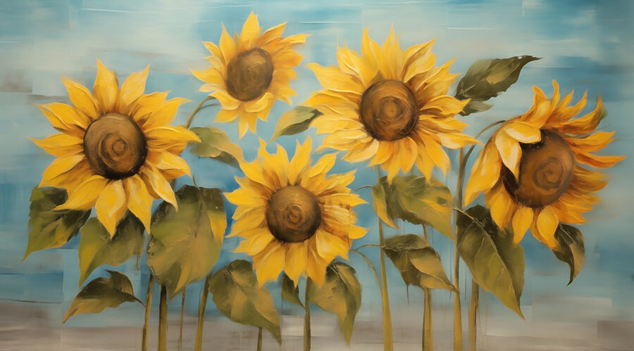 Schilderij van zonnebloemen op een muur