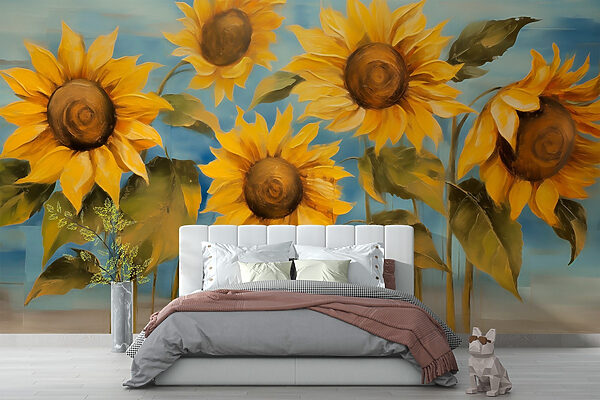 Schilderij van zonnebloemen op een muur Schilderij van zonnebloemen op een muur